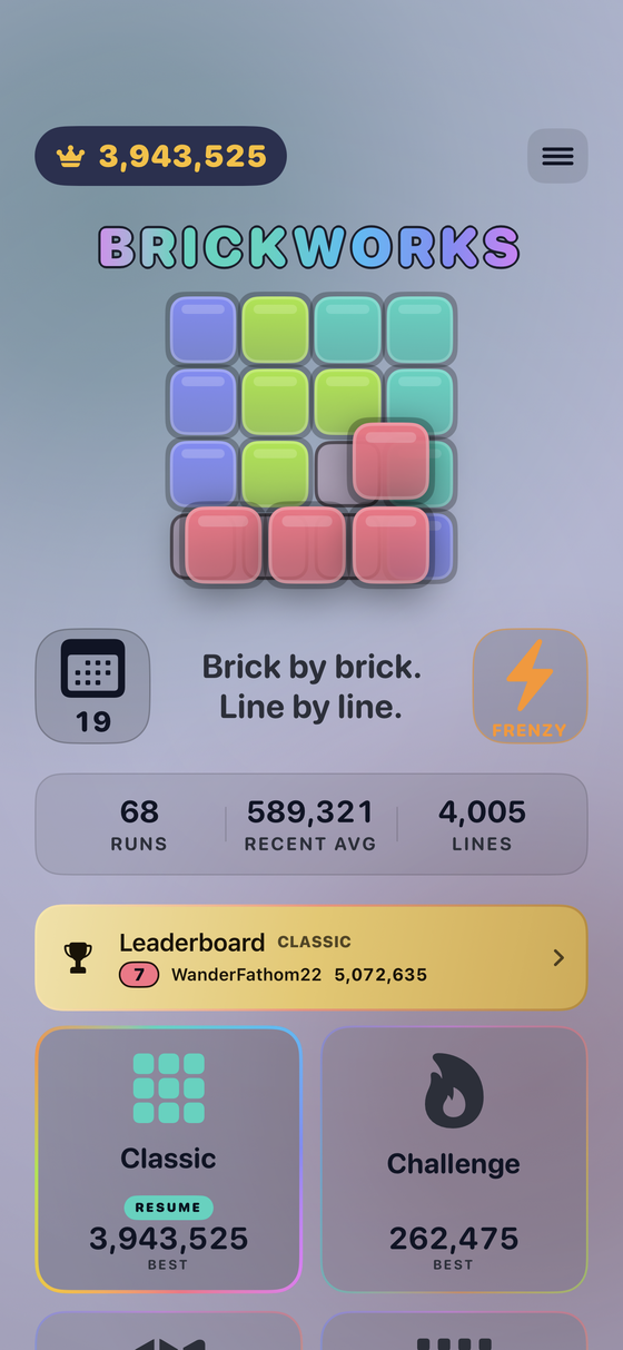 The Brickworks home screen, showing the wordmark, your best score and the mode cards.