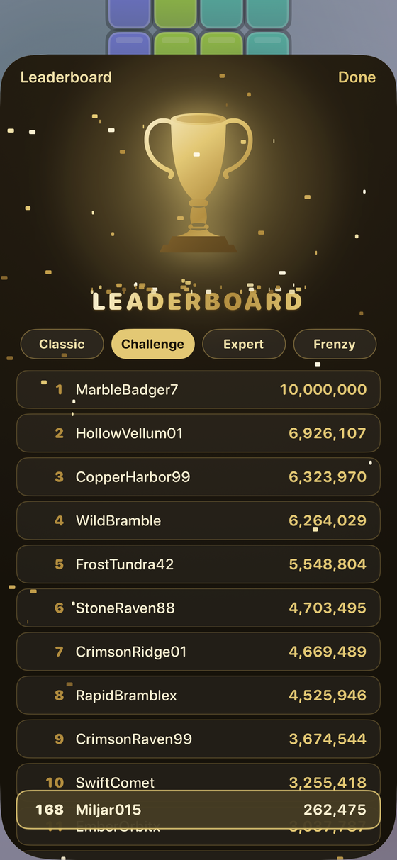 The Brickworks leaderboard screen, showing ranked players and scores.